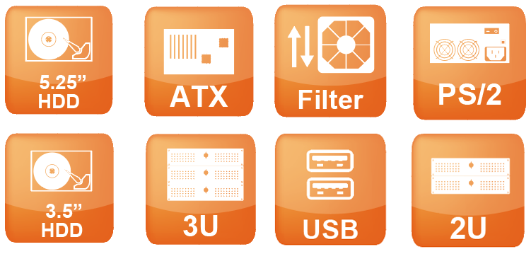 5.25'' hdd, atx, filter, ps/2, 3u, 3.5'' HDD, usb, 2u